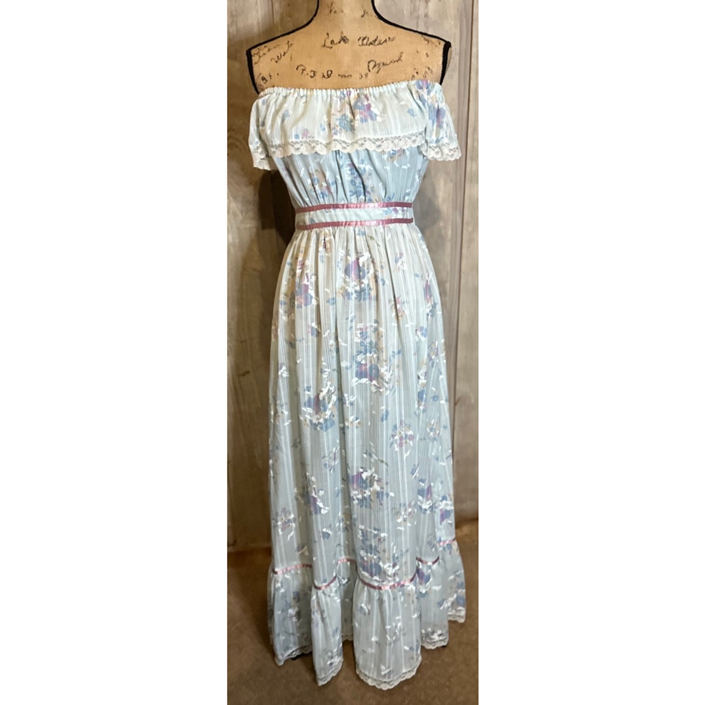 Vintage 70s Boho Fairy Cottagecore Dress Gunne Sax Style Lace Maxi Blue S